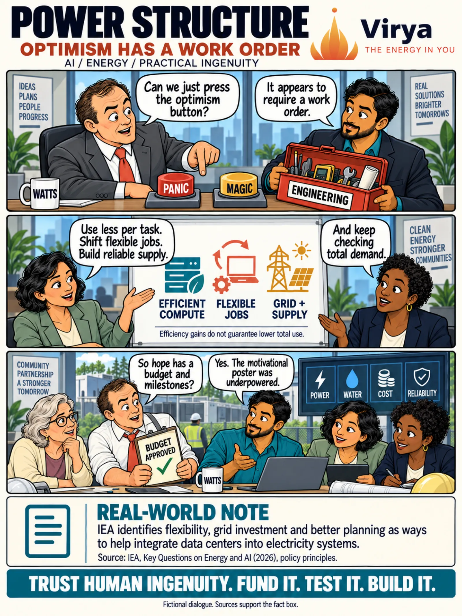 A manager eyes "Panic" and "Magic" buttons: "Can we just press the optimism button?" An engineer holding an engineering toolbox answers "It appears to require a work order." Colleagues outline efficient compute, flexible jobs and grid plus supply, and the team ends with an approved budget: "So hope has a budget and milestones?"